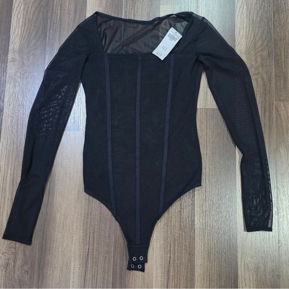 NWT Abercrombie & Fitch Black Sheer Square Neck One Piece Stretch Bodysuit. XS